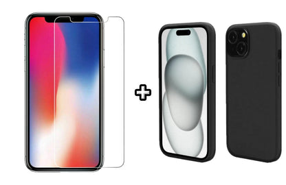Set Husa Silicon + Folie din sticla transparenta Case Friendly compatibila cu Apple iPhone 13, neagra, protectie 360