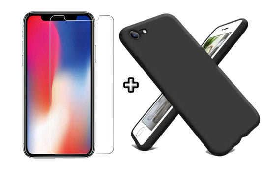 Set Husa Silicon + Folie din sticla transparenta Case Friendly compatibila cu Apple iPhone 7, neagra, protectie 360