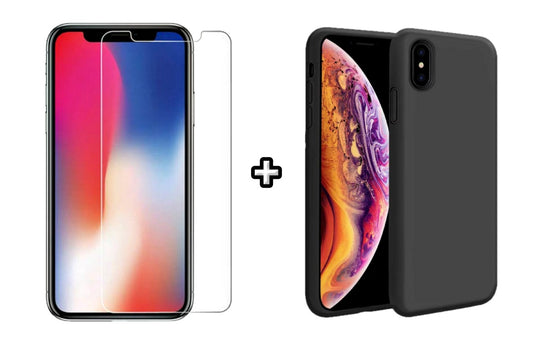 Set Husa Silicon + Folie din sticla transparenta Case Friendly compatibila cu Apple iPhone X, neagra, protectie 360