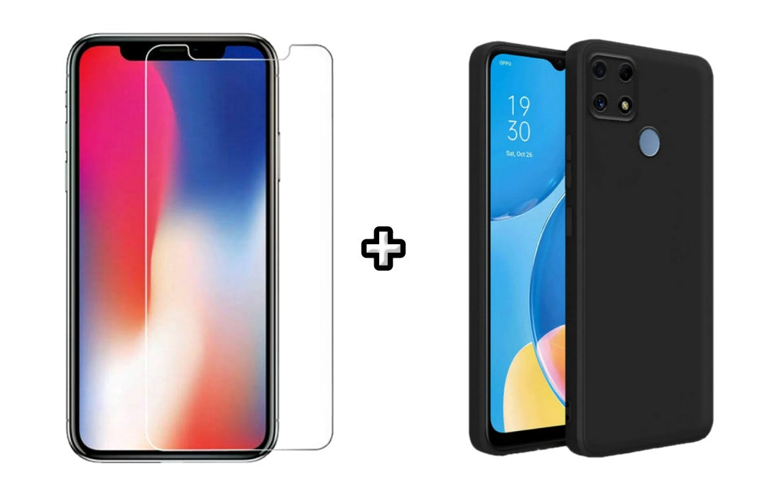 Set Husa Silicon plus Folie din sticla transparenta Case Friendly compatibila cu OPPO A15, neagra, protectie 360