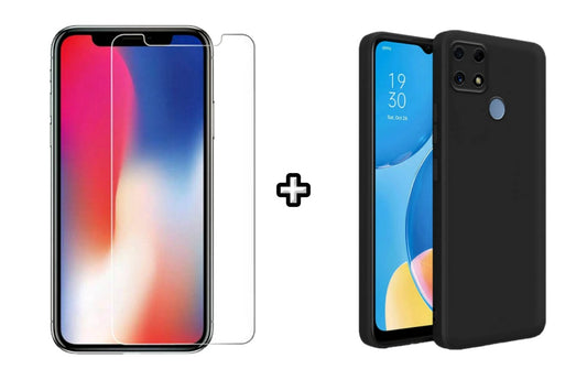 Set Husa Silicon plus Folie din sticla transparenta Case Friendly compatibila cu OPPO A15, neagra, protectie 360