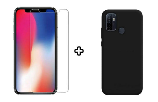 Set Husa Silicon plus Folie din sticla transparenta Case Friendly compatibila cu OPPO A53, neagra, protectie 360