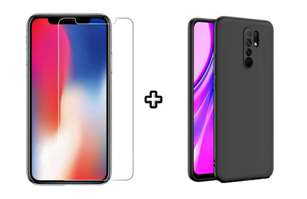 Set Husa Silicon plus Folie din sticla transparenta compatibila cu Xiaomi Redmi 9, neagra, protectie 360