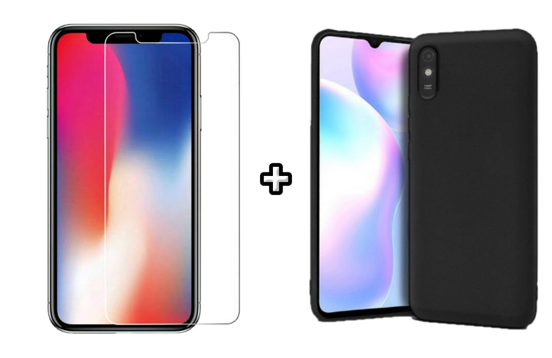 Set Husa Silicon plus Folie din sticla transparenta compatibila cu Xiaomi Redmi 9A, neagra, protectie 360