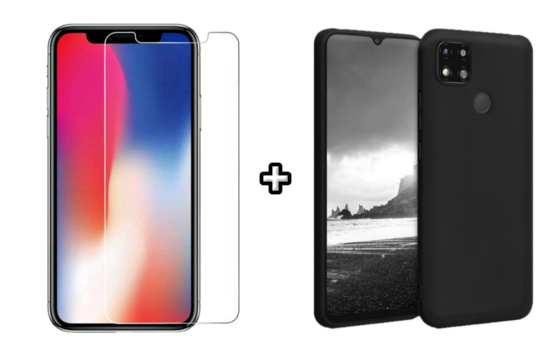 Set Husa Silicon plus Folie din sticla transparenta compatibila cu Xiaomi Redmi 9C, neagra, protectie 360