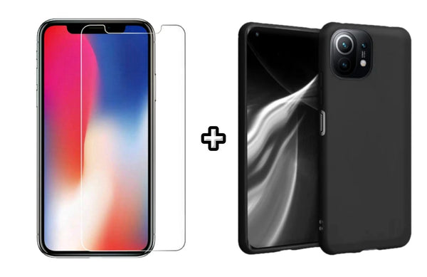 Set Husa Silicon plus Folie din sticla transparenta compatibila cu Xiaomi Mi 11 Lite, neagra, protectie 360