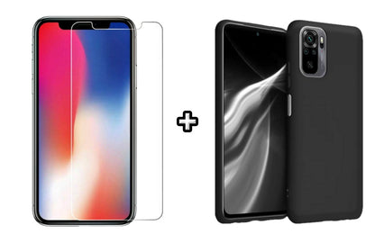 Set Husa Silicon plus Folie din sticla transparenta compatibila cu Xiaomi Redmi Note 10s, neagra, protectie 360