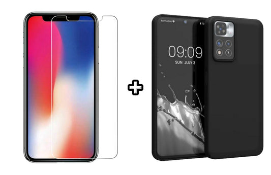 Set Husa Silicon plus Folie din sticla transparenta compatibila cu Xiaomi Redmi Note 11, neagra, protectie 360