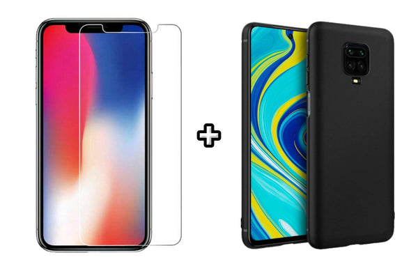 Set Husa Silicon plus Folie din sticla transparenta compatibila cu Xiaomi Redmi Note 9 Pro, neagra, protectie 360