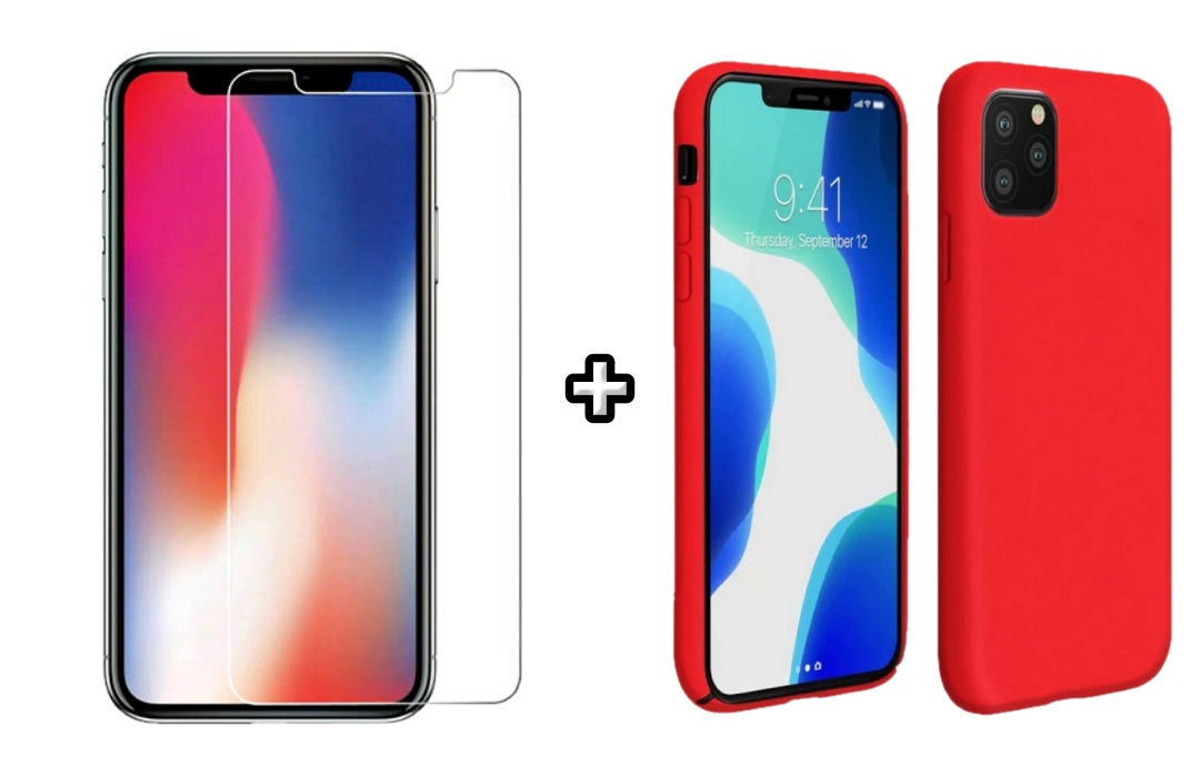 Set Husa Silicon + Folie din sticla transparenta Case Friendly compatibila cu Apple iPhone 11 Pro, rosie, protectie 360