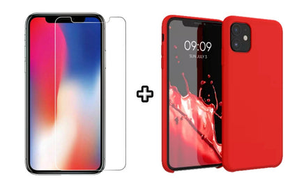 Set Husa Silicon + Folie din sticla transparenta Case Friendly compatibila cu Apple iPhone 12, rosie, protectie 360