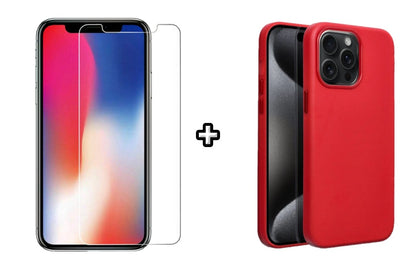 Set Husa Silicon + Folie din sticla transparenta Case Friendly compatibila cu Apple iPhone 15 Pro, rosie, protectie 360