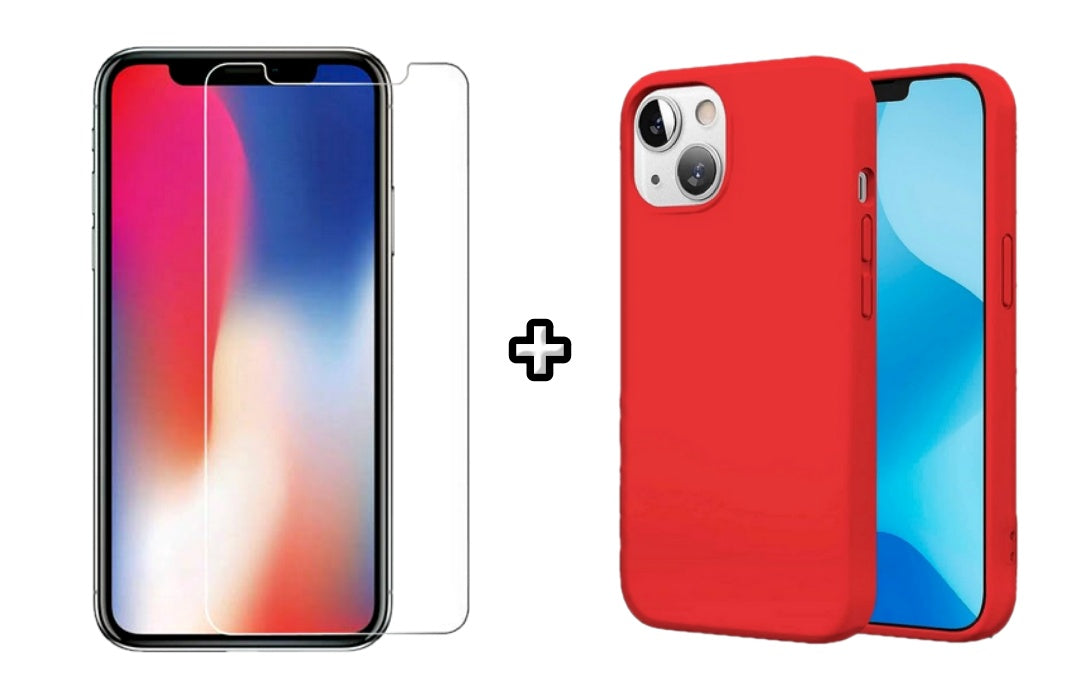 Set Husa Silicon + Folie din sticla transparenta Case Friendly compatibila cu Apple iPhone 15 Plus, rosie, protectie 360