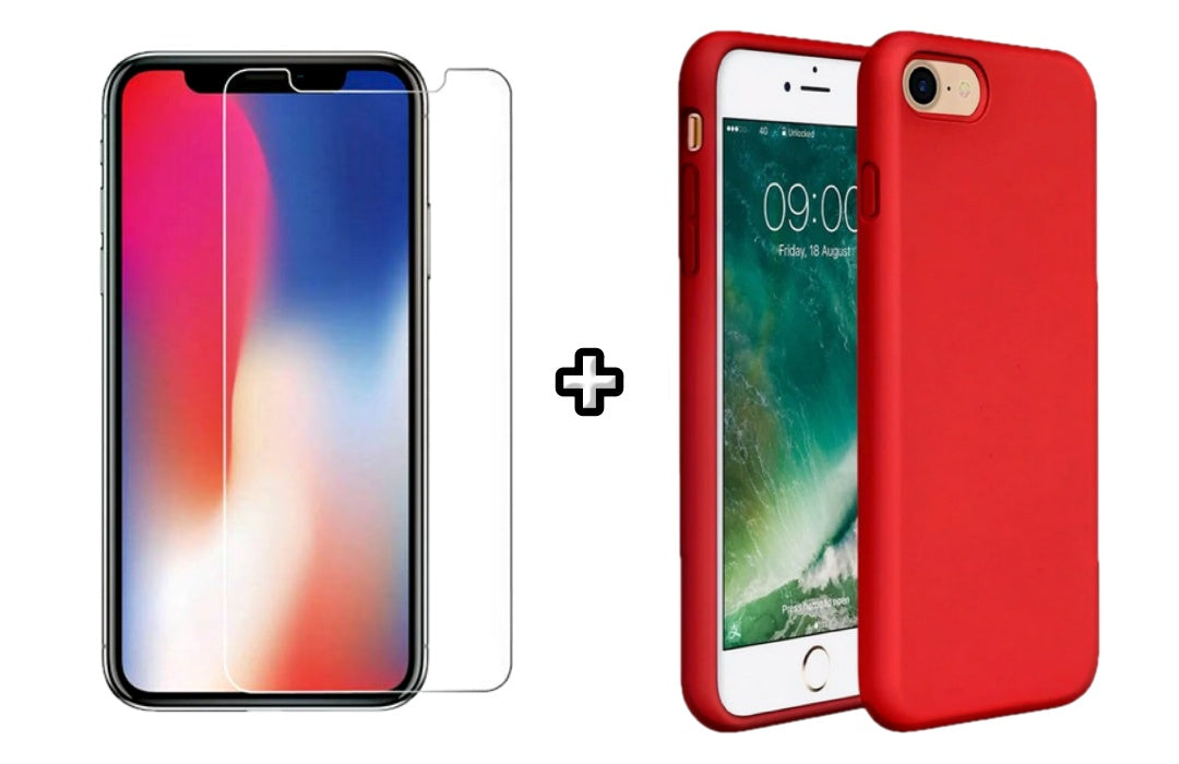 Set Husa Silicon + Folie din sticla transparenta Case Friendly compatibila cu Apple iPhone 7 Plus, rosie, protectie 360