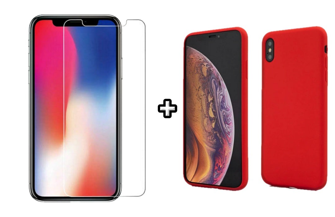 Set Husa Silicon + Folie din sticla transparenta Case Friendly compatibila cu Apple iPhone X, rosie, protectie 360