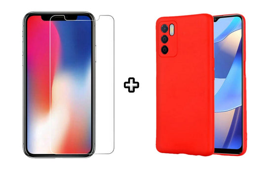 Set Husa Silicon plus Folie din sticla transparenta Case Friendly compatibila cu OPPO A16, rosie, protectie 360