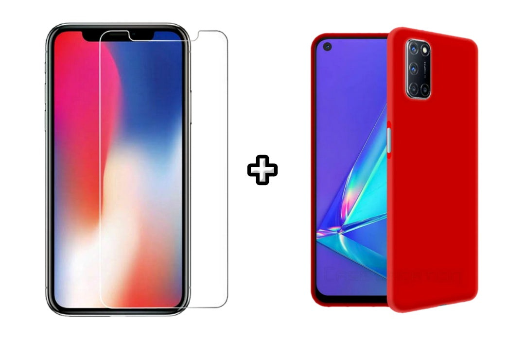 Set Husa Silicon plus Folie din sticla transparenta Case Friendly compatibila cu OPPO A52, rosie, protectie 360