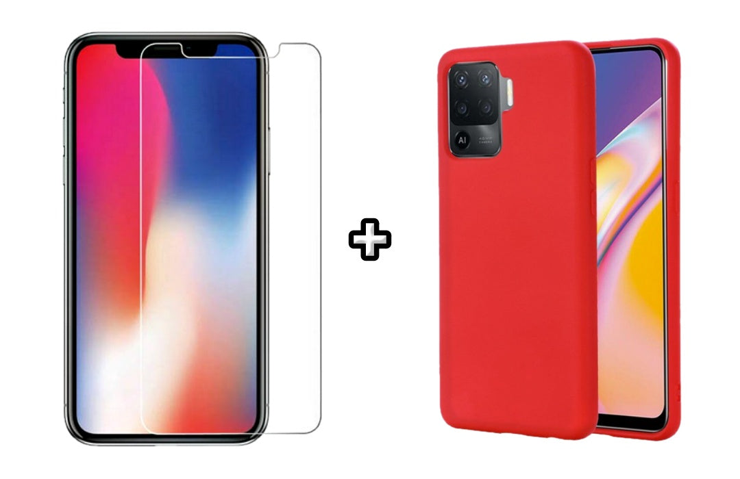 Set Husa Silicon plus Folie din sticla transparenta Case Friendly compatibila cu OPPO Reno5 Lite, rosie, protectie 360