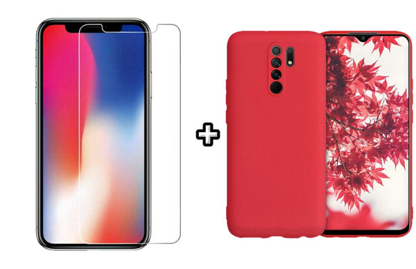 Set Husa Silicon plus Folie din sticla transparenta compatibila cu Xiaomi Redmi 9, rosie, protectie 360