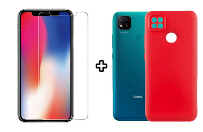 Set Husa Silicon plus Folie din sticla transparenta compatibila cu Xiaomi Redmi 9C, rosie, protectie 360