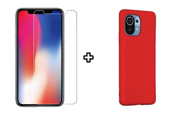 Set Husa Silicon plus Folie din sticla transparenta compatibila cu Xiaomi Mi 11 Lite, rosie, protectie 360