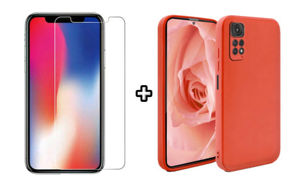 Set Husa Silicon plus Folie din sticla transparenta compatibila cu Xiaomi Redmi Note 11, rosie, protectie 360