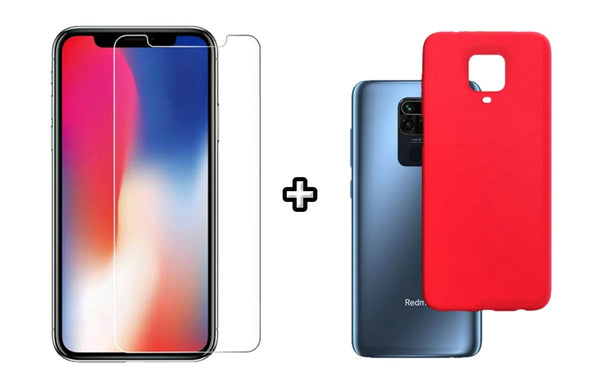 Set Husa Silicon plus Folie din sticla transparenta compatibila cu Xiaomi Redmi Note 9 Pro, rosie, protectie 360