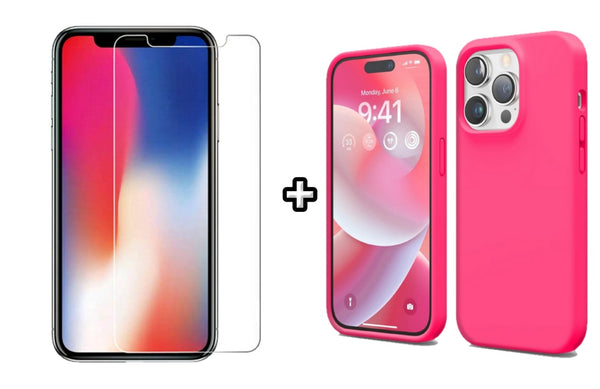 Set Husa Silicon plus Folie din sticla transparenta compatibila cu Apple iPhone 16 Pro, roz neon, protectie 360