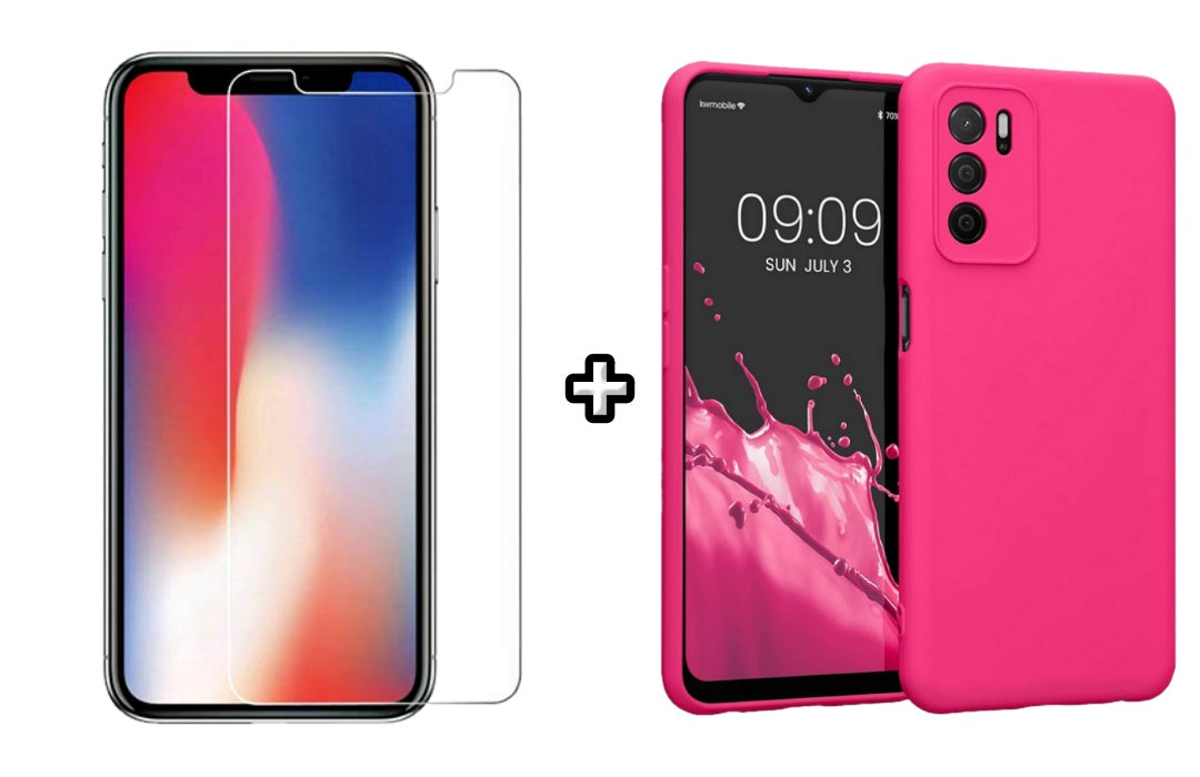 Set Husa Silicon plus Folie din sticla transparenta Case Friendly compatibila cu OPPO A16, roz neon, protectie 360