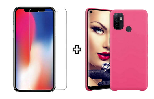 Set Husa Silicon plus Folie din sticla transparenta Case Friendly compatibila cu OPPO A53, roz neon, protectie 360