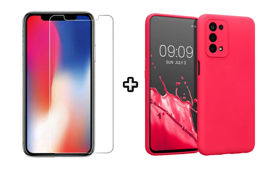 Set Husa Silicon plus Folie din sticla transparenta Case Friendly compatibila cu OPPO A52, roz neon, protectie 360