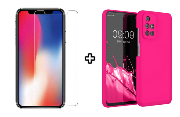 Set Husa Silicon plus Folie din sticla transparenta compatibila cu Xiaomi Redmi 10, roz neon, protectie 360