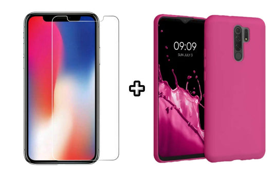 Set Husa Silicon plus Folie din sticla transparenta compatibila cu Xiaomi Redmi 9, roz neon, protectie 360
