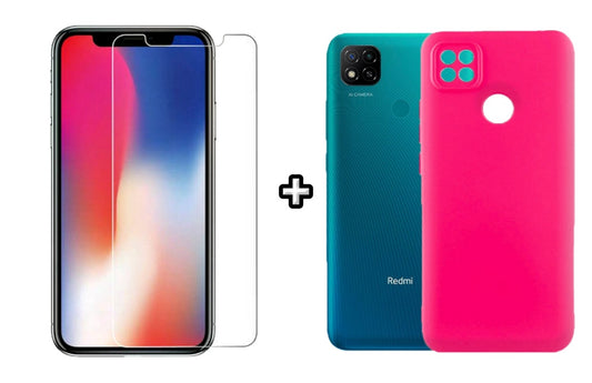 Set Husa Silicon plus Folie din sticla transparenta compatibila cu Xiaomi Redmi 9C, roz neon, protectie 360