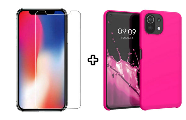 Set Husa Silicon plus Folie din sticla transparenta compatibila cu Xiaomi Mi 11 Lite, roz neon, protectie 360