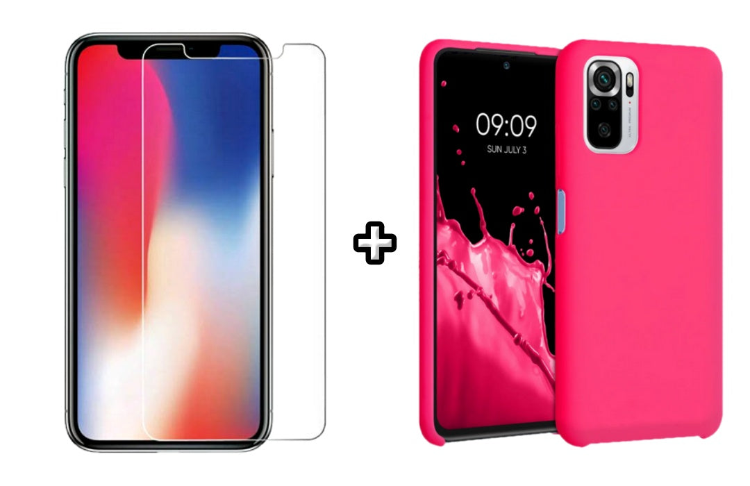 Set Husa Silicon plus Folie din sticla transparenta compatibila cu Xiaomi Redmi Note 10s, roz neon, protectie 360
