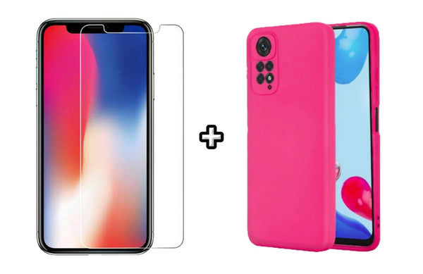 Set Husa Silicon plus Folie din sticla transparenta compatibila cu Xiaomi Redmi Note 11 Pro, roz neon, protectie 360