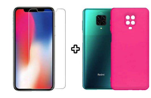 Set Husa Silicon plus Folie din sticla transparenta compatibila cu Xiaomi Redmi Note 9 Pro, roz neon, protectie 360