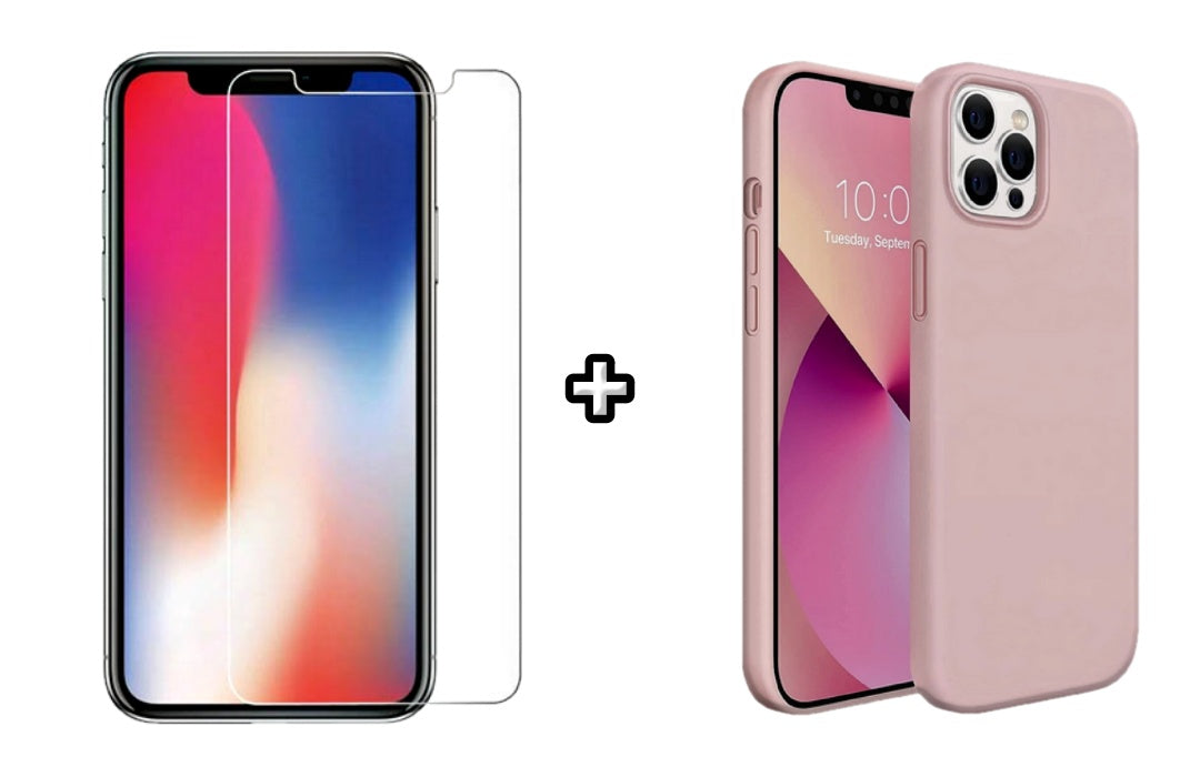 Set Husa Silicon + Folie din sticla transparenta Case Friendly compatibila cu Apple iPhone 11 Pro, roz pudra, protectie 360