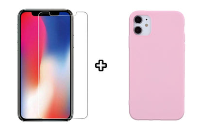 Set Husa Silicon + Folie din sticla transparenta Case Friendly compatibila cu Apple iPhone 12, roz pudra, protectie 360