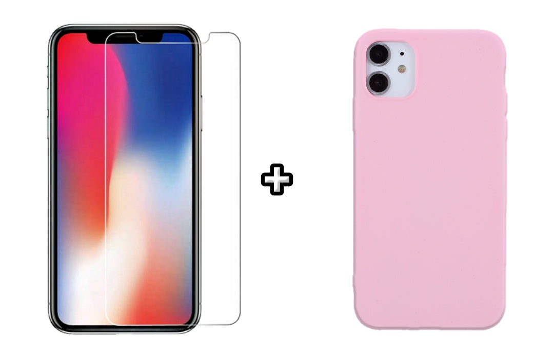 Set Husa Silicon + Folie din sticla transparenta Case Friendly compatibila cu Apple iPhone 12 Mini, roz pudra, protectie 360