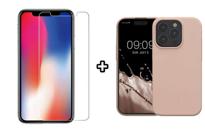 Set Husa Silicon + Folie din sticla transparenta Case Friendly compatibila cu Apple iPhone 15 Pro Max, roz pudra, protectie 360