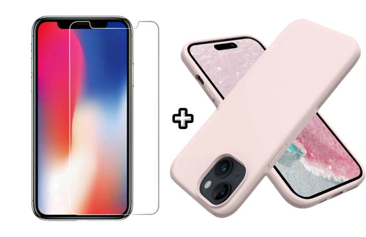 Set Husa Silicon + Folie din sticla transparenta Case Friendly compatibila cu Apple iPhone 14 Plus, roz pudra, protectie 360