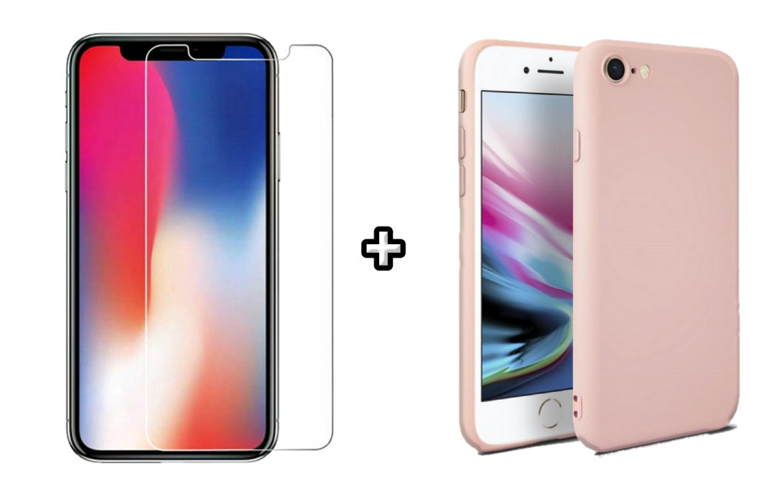 Set Husa Silicon + Folie din sticla transparenta Case Friendly compatibila cu Apple iPhone 7, roz pudra, protectie 360