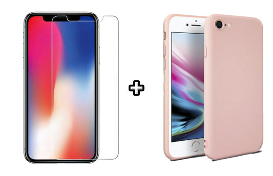 Set Husa Silicon + Folie din sticla transparenta Case Friendly compatibila cu Apple iPhone 7, roz pudra, protectie 360