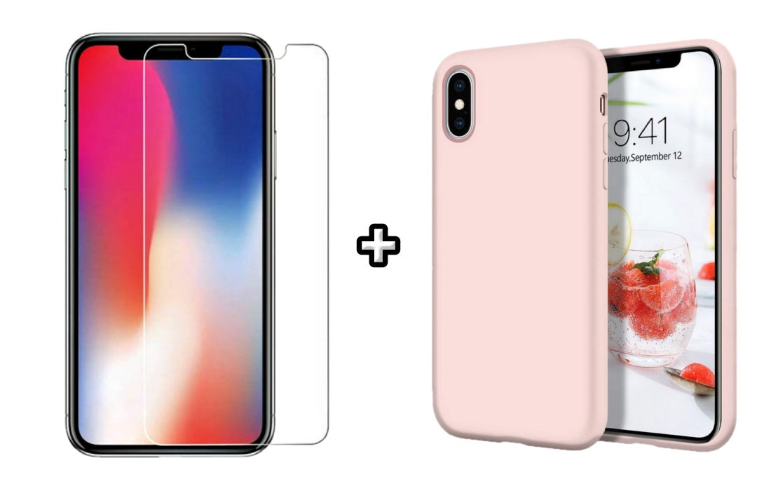 Set Husa Silicon + Folie din sticla transparenta Case Friendly compatibila cu Apple iPhone XR, roz pudra, protectie 360