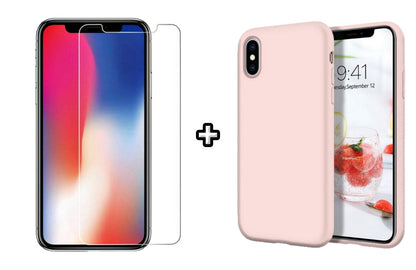 Set Husa Silicon + Folie din sticla transparenta Case Friendly compatibila cu Apple iPhone XR, roz pudra, protectie 360