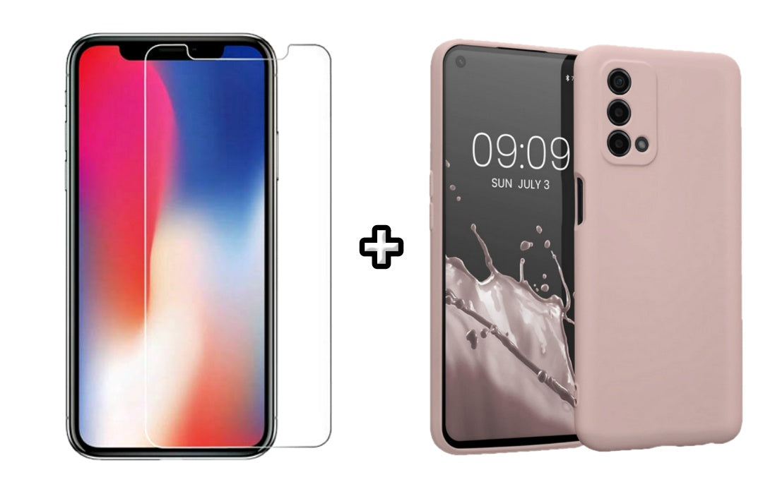 Set Husa Silicon plus Folie din sticla transparenta Case Friendly compatibila cu OPPO A74 4G, roz pudra, protectie 360