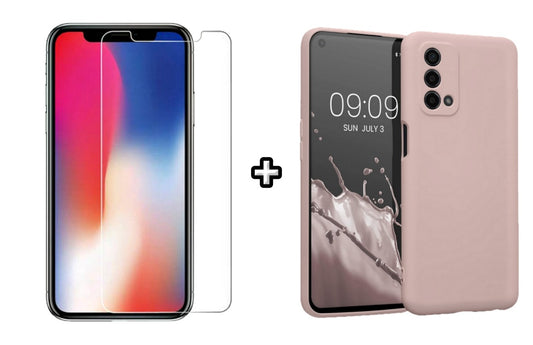 Set Husa Silicon plus Folie din sticla transparenta Case Friendly compatibila cu OPPO A74 4G, roz pudra, protectie 360