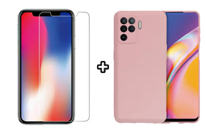 Set Husa Silicon plus Folie din sticla transparenta Case Friendly compatibila cu OPPO Reno5 Lite, roz pudra, protectie 360